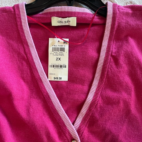 New! On 34th Fuchsia & Light Pink Lined Cardigan Sweater Crystal Buttons 2X - Picture 2 of 16